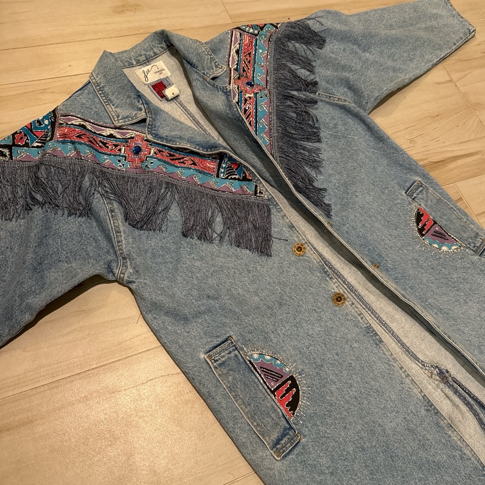 Vintage 90s #Denim Fringe Trench • Aztec #Western Jacket • FREE SHIPPING - Picture 3 of 16